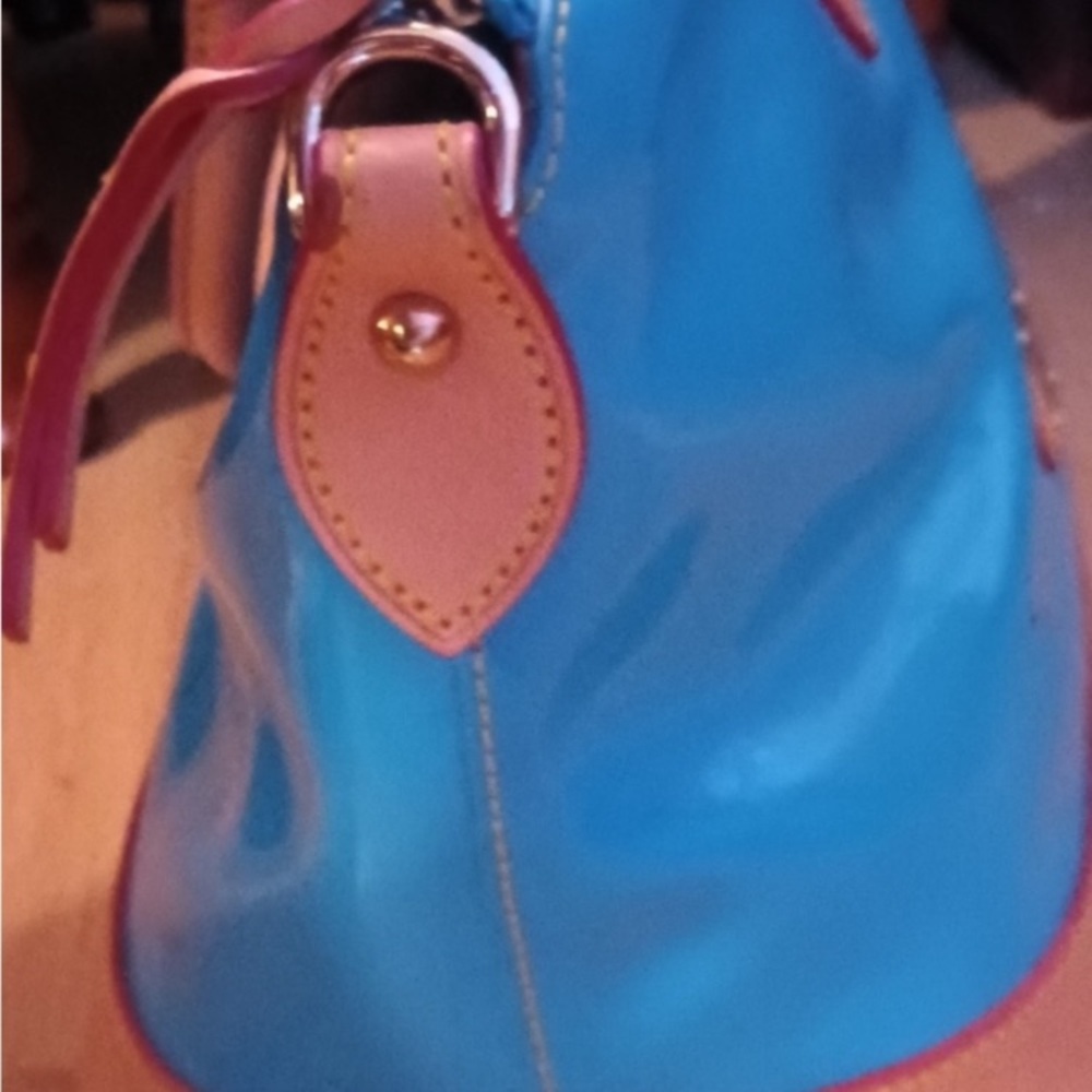 Dooney & Bourke Patented Turquoise Satchel and Pouch - Blue & Tan - Picture 4 of 13